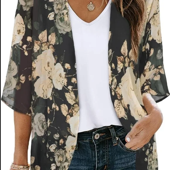 Floral Print Puff Sleeve Kimono Cardigan Loose Casual Blouse Large - Picture 3 of 6